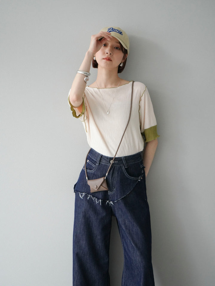 [SET] 百褶同色船領套頭衫 + 臀部設計牛仔褲（2 件組）