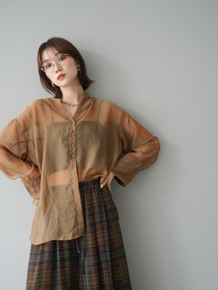 [SET] 亮面透視立領襯衫 + 透視格紋寬鬆褲 (2 件套)