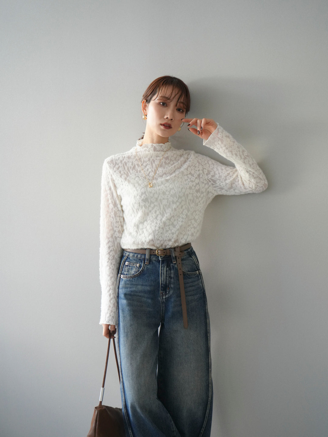 [予約]起毛レースプチネックトップス/white