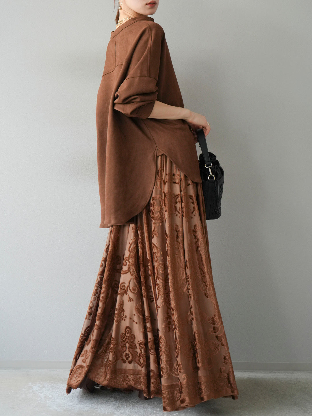 [予約]アンティーク柄フロッキーマキシスカート/ブラウン