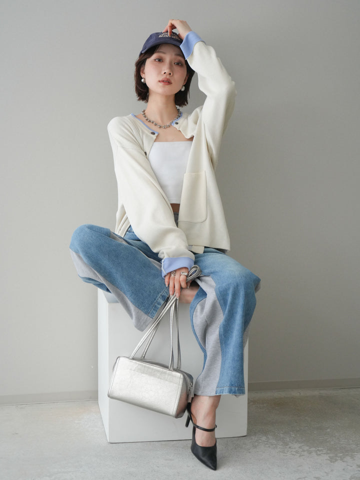 [SET]バイカラーオーバーニットカーディガン+デニム切替スウェットパンツ(2set)