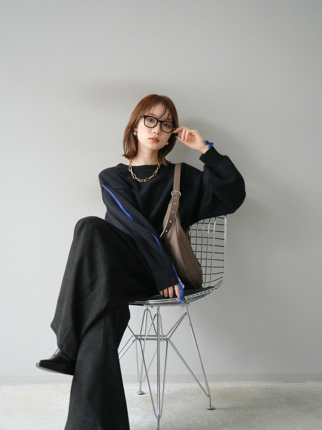 [SET]配色ステッチフリンジニットプルオーバー +スウェードタックワイドパンツ(2set)