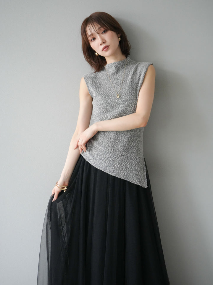 [SET]ブークレアシメニットノースリーブトップス+チュールボリュームスカート(2set)