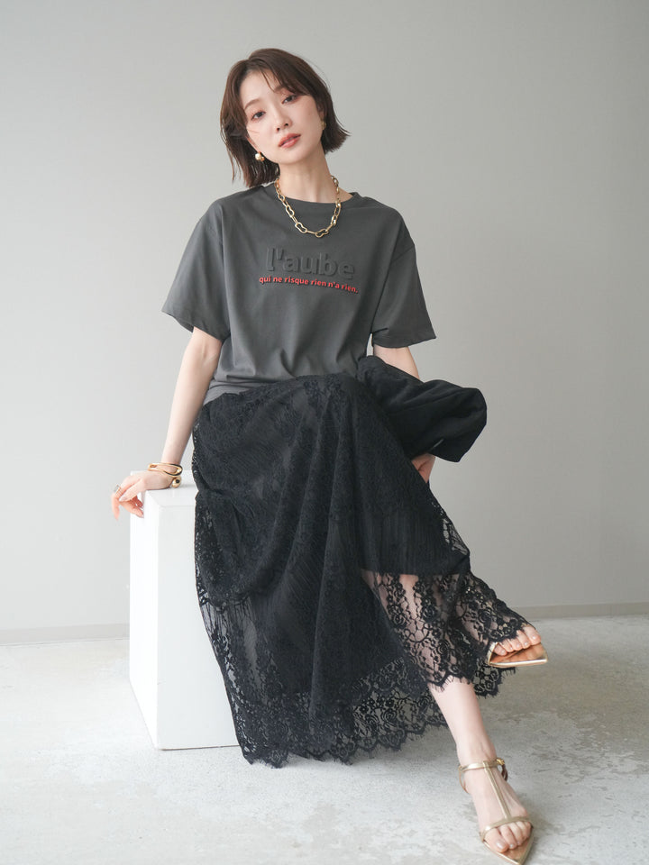 [SET]エンボスロゴTEE+裏プリーツ総レースロングスカート(2set)