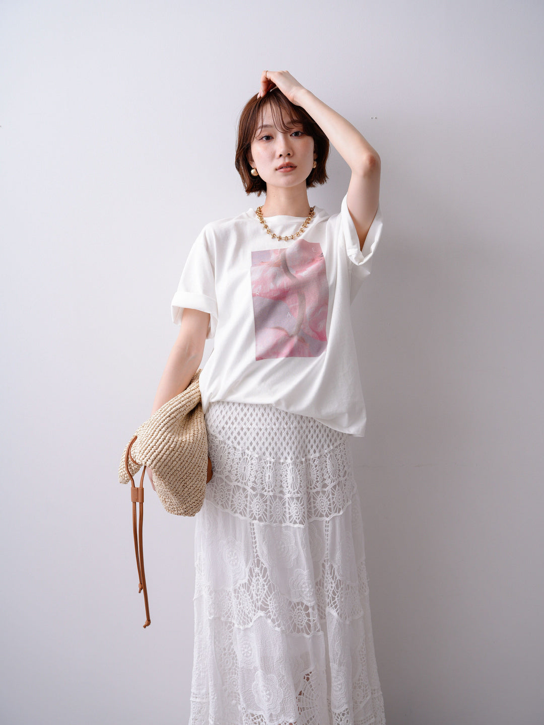 [SET]ニュアンスフローラルフォトTEE+クロシェマキシスカート(2set)