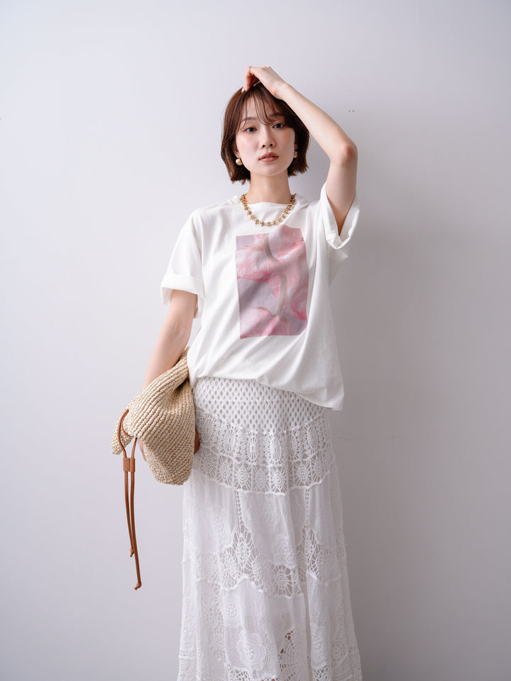 [SET]ニュアンスフローラルフォトTEE+クロシェマキシスカート(2set)