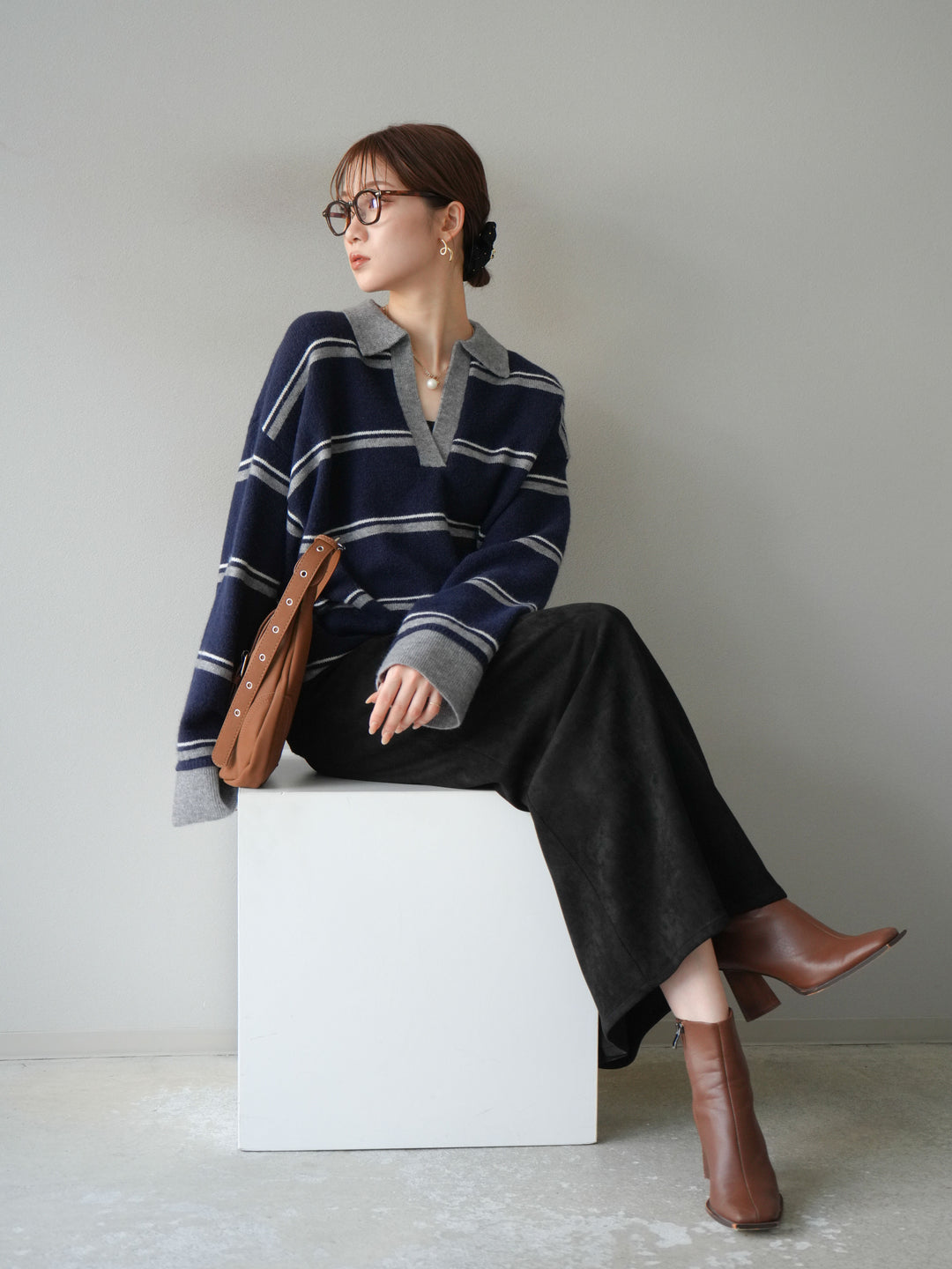 [SET]ポロ襟スキッパーボーダーニットプルオーバー+スウェードIラインスカート(2set)