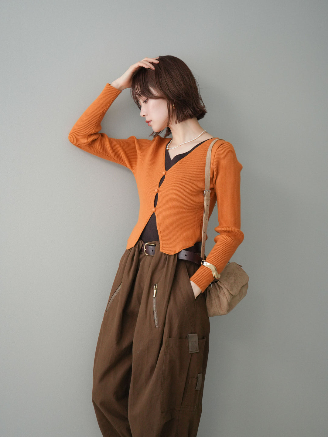 [予約]Vネック配色レイヤードスリットニットトップス/orange