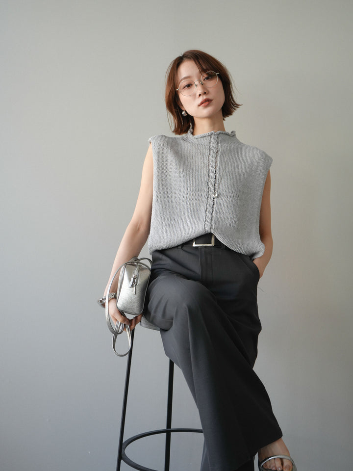 【套裝】開襟針織上衣+銀色搭扣垂褶闊腿褲（兩件套）
