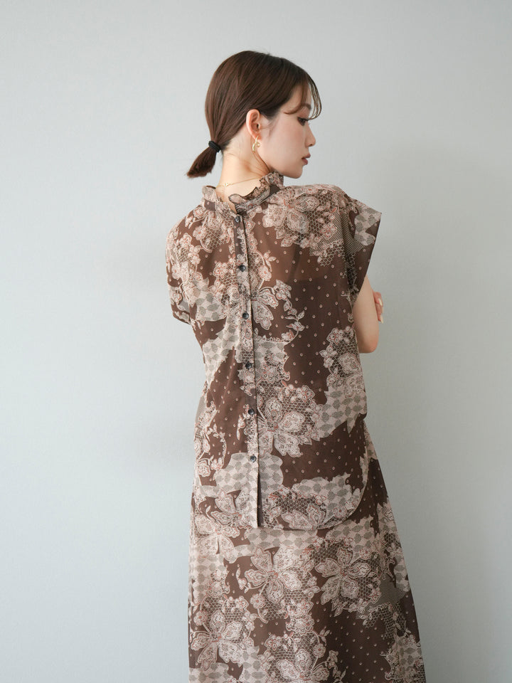 [SET] 花朵圖案法式袖襯衫 + 花朵圖案喇叭裙 (2 套)