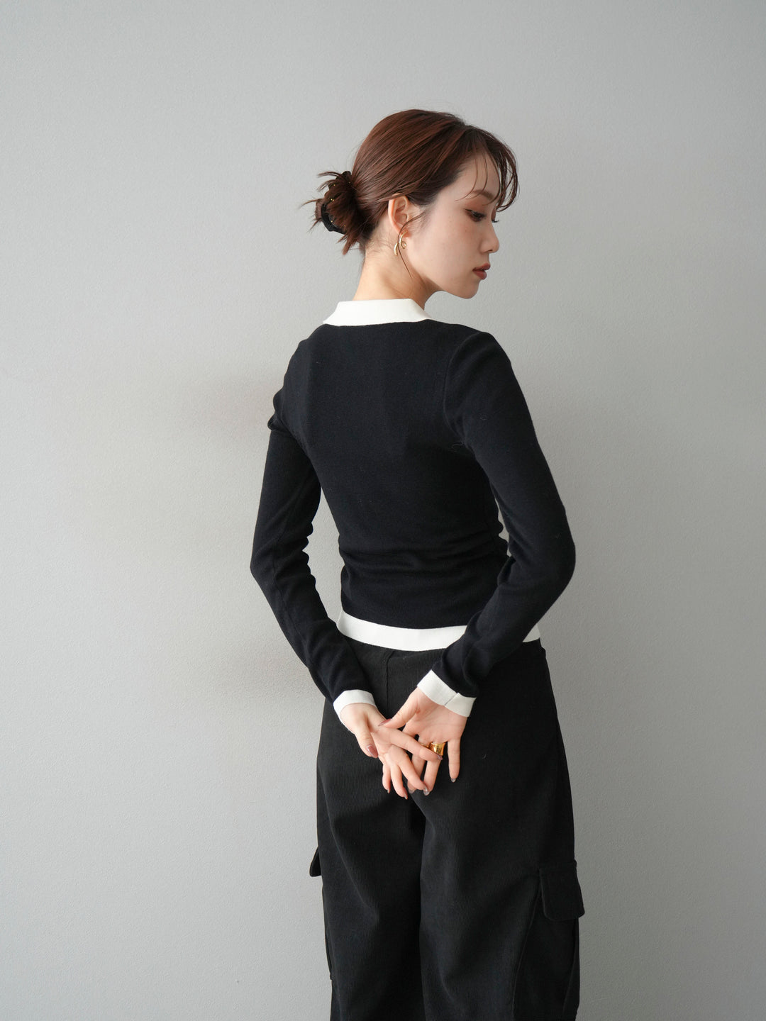 [予約]レイヤード配色ポロニットトップス/black