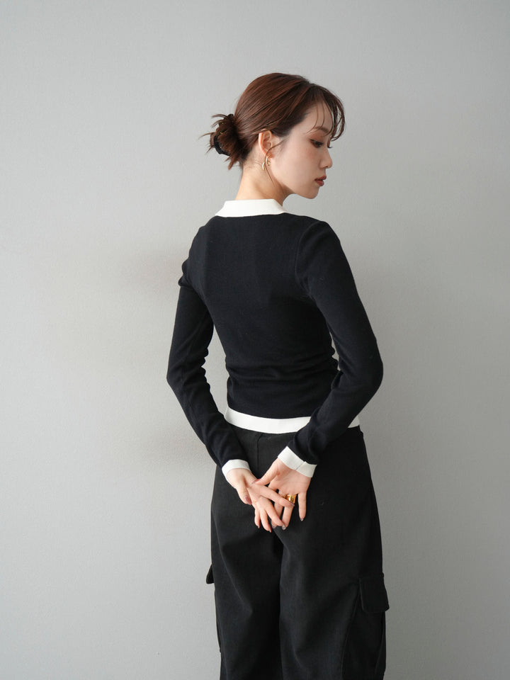 [予約]レイヤード配色ポロニットトップス/black