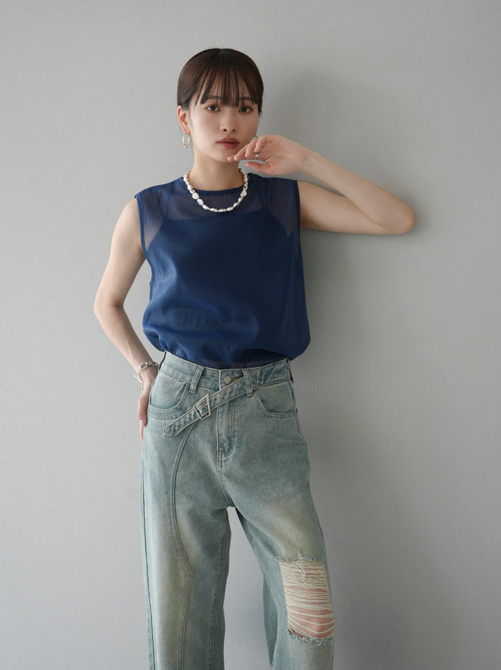 [SET] Organdy sleeveless top + belt asymmetrical damaged denim (2set)