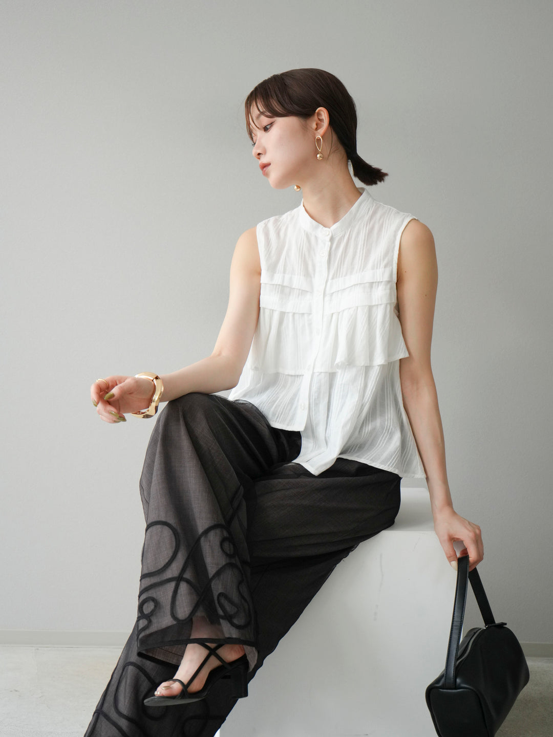 [SET]ドビーストライプアシンメトリーフリルノースリブラウス+リネンライクイージーワイドパンツ(2set)