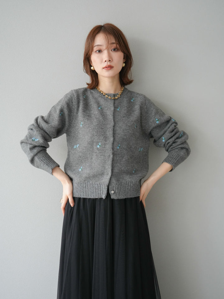 [SET]フラワー刺繍ニットカーディガン+チュールボリュームスカート(2set)