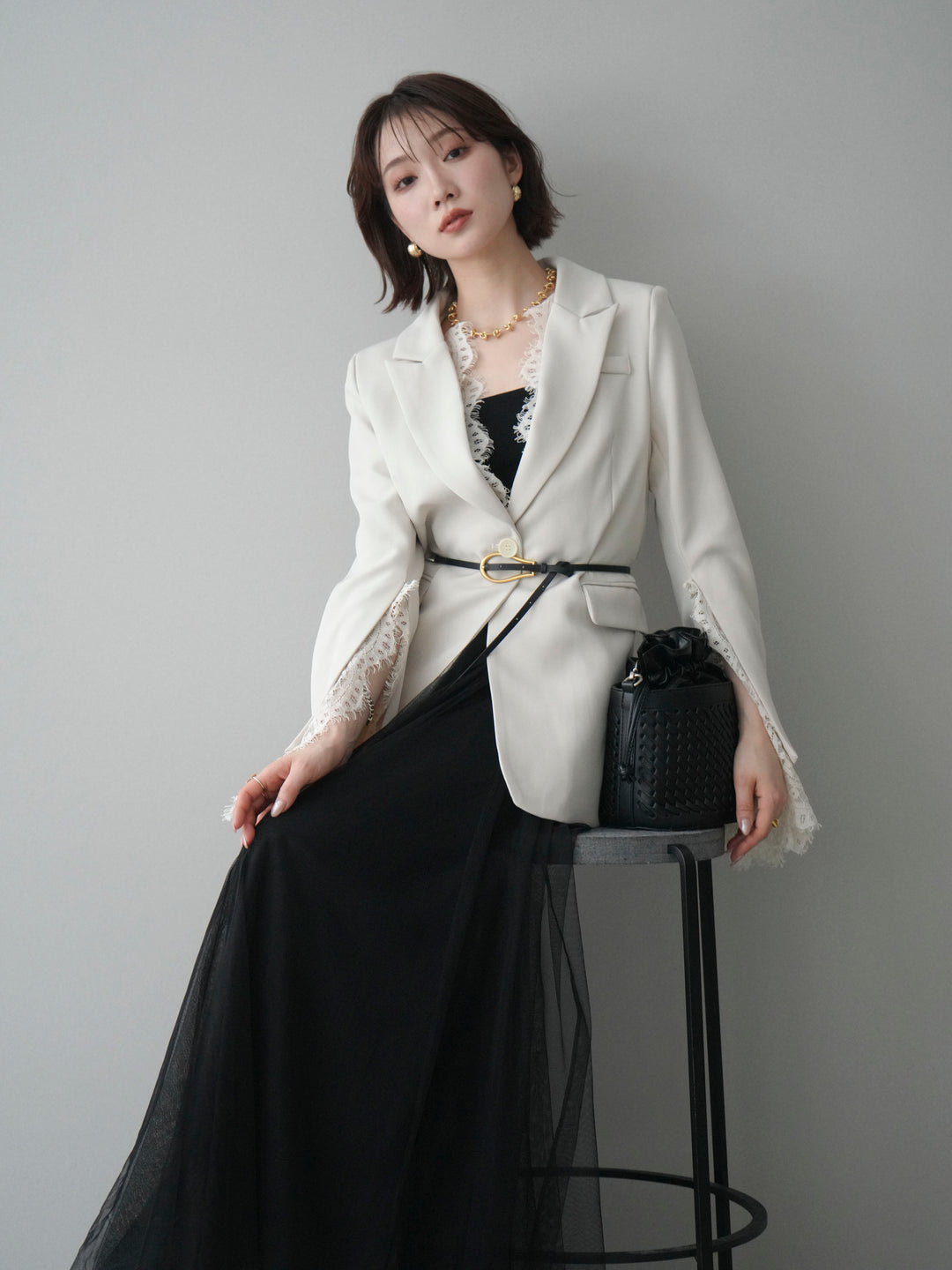 [SET]レースレイヤードスリットジャケット+チュールボリュームスカート(2set)