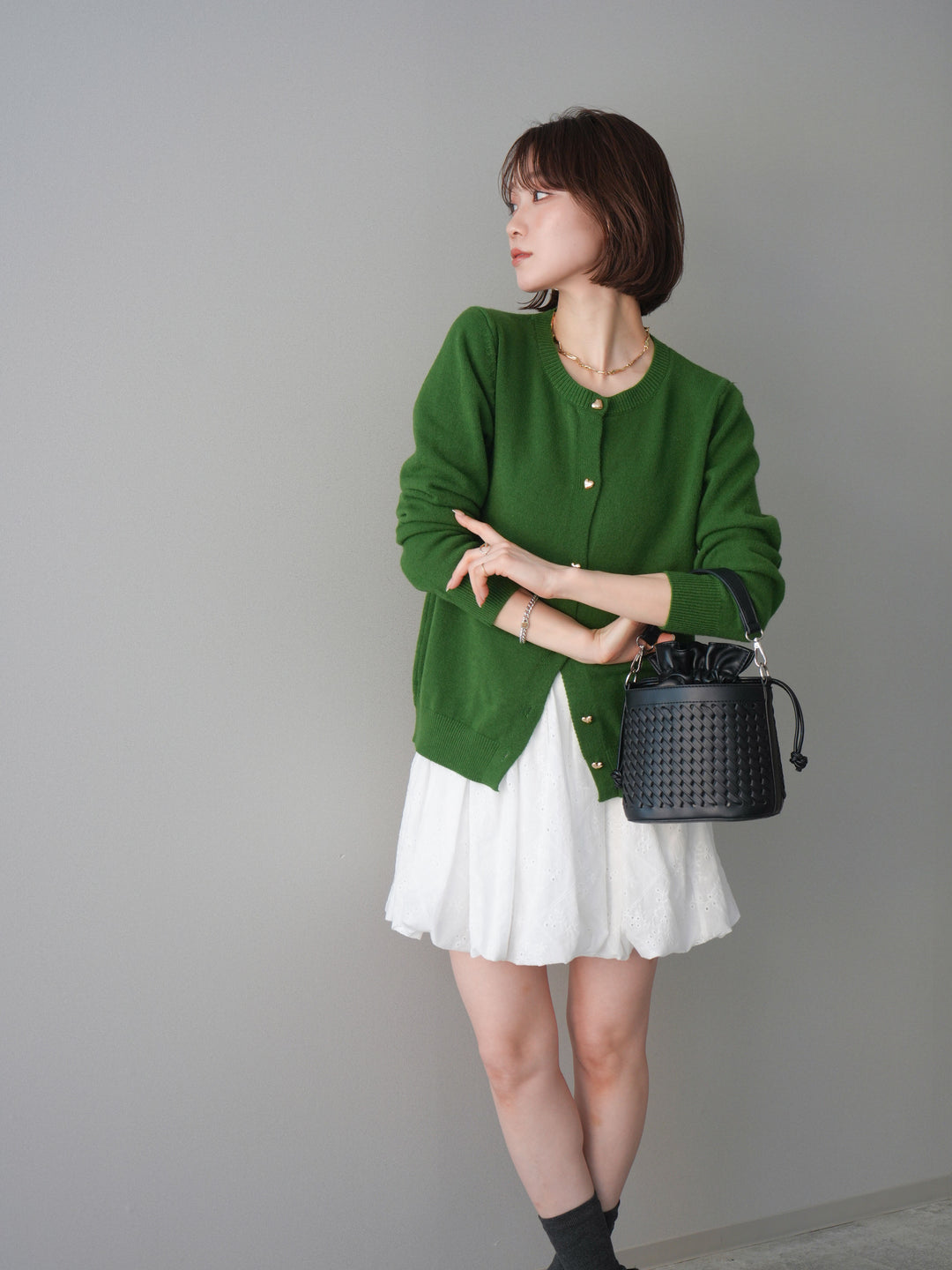 [予約]ハートボタンニットカーディガン/green