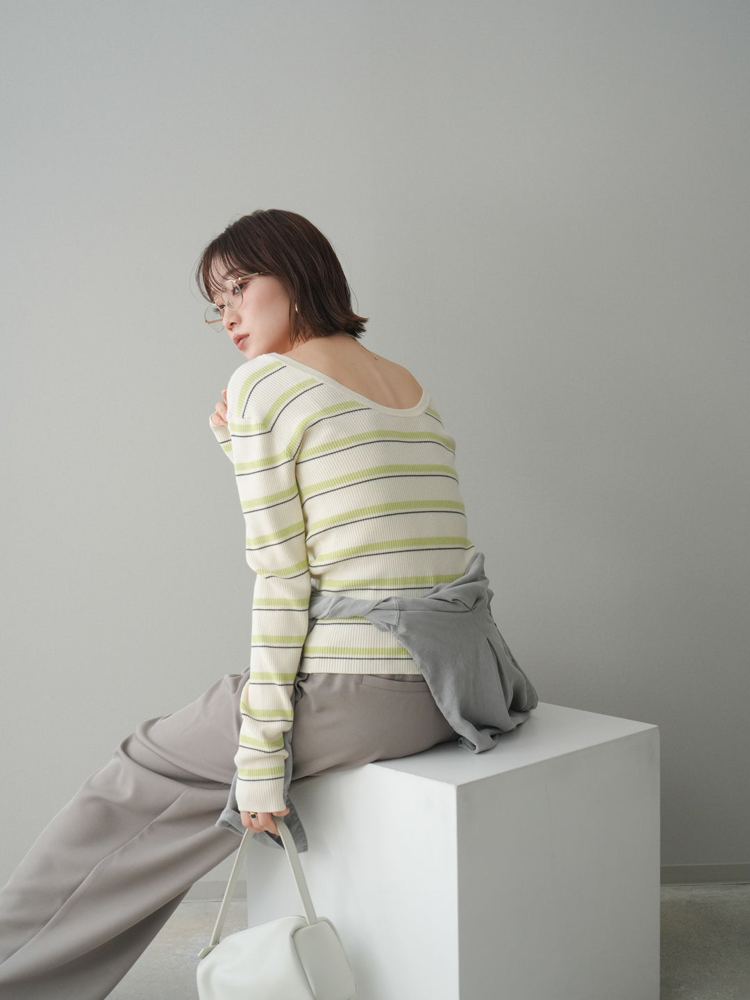 [予約]バックオープンテレコリブマルチボーダートップス/ivory