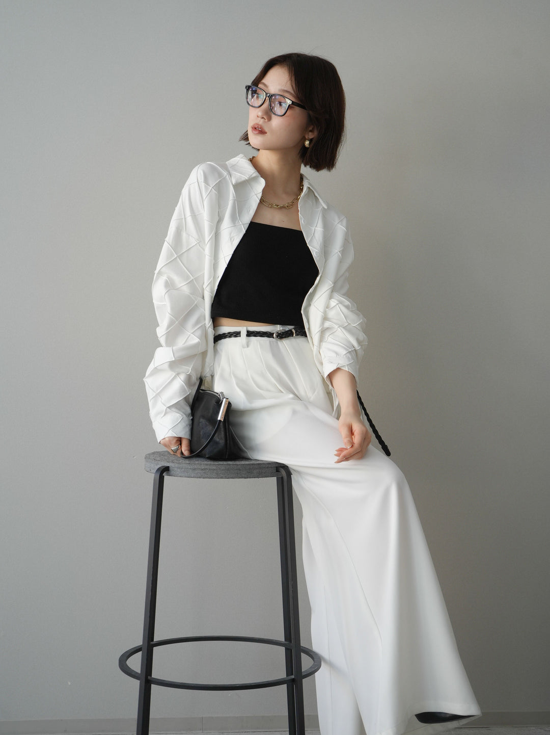 [SET]パイピングクロスデザインブラウス+編み込みベルト付タックワイドパンツ(2set)