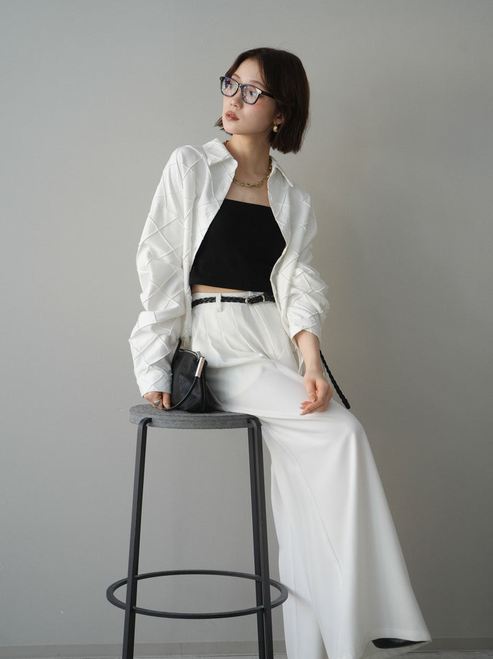 [SET]パイピングクロスデザインブラウス+編み込みベルト付タックワイドパンツ(2set)