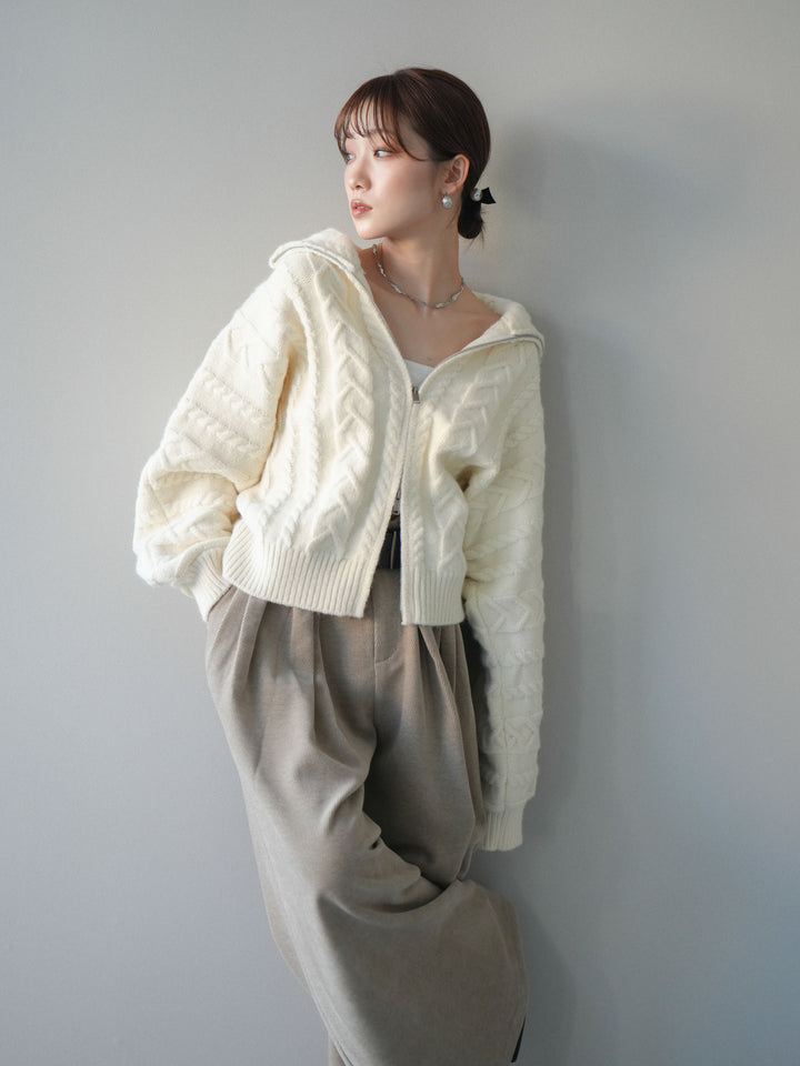 [SET]ケーブル編みハイネックZIPニットカーディガン+ベルトデザインループコールテンワイドパンツ(ベルト付き)(2set)