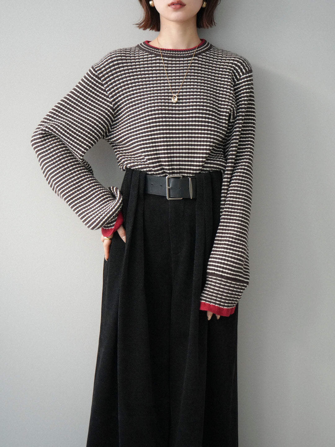 [SET]ラメ異素材ボーダーリブニットプルオーバー+選べるアクセセット(2set)