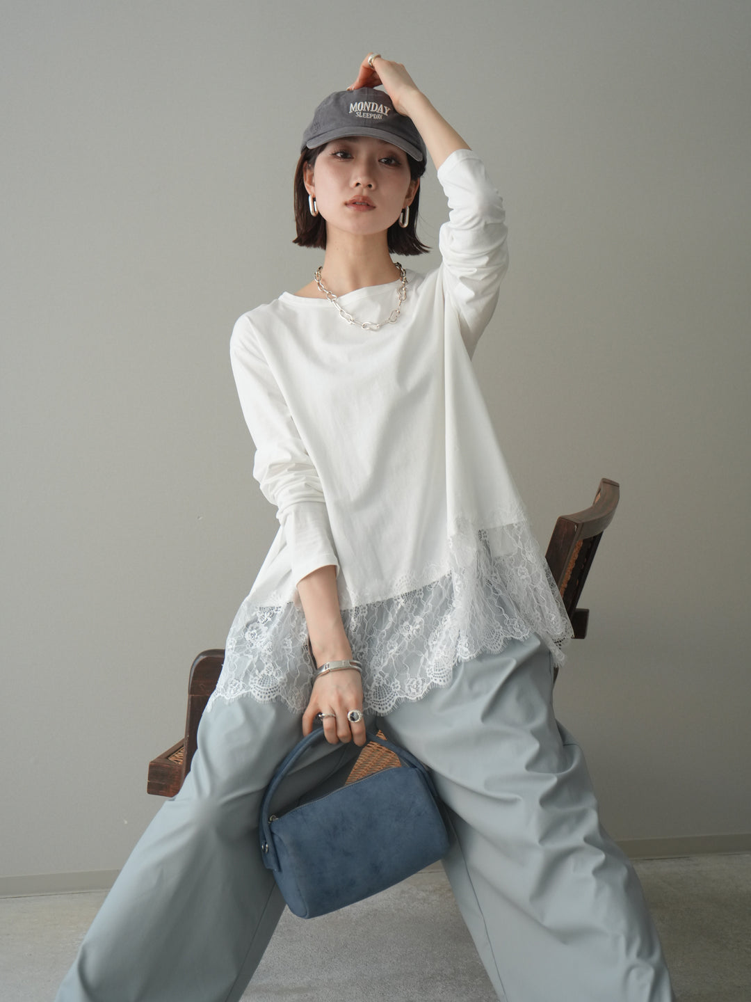 [SET]裾レースロングスリーブTシャツ+選べるアクセセット(2set)