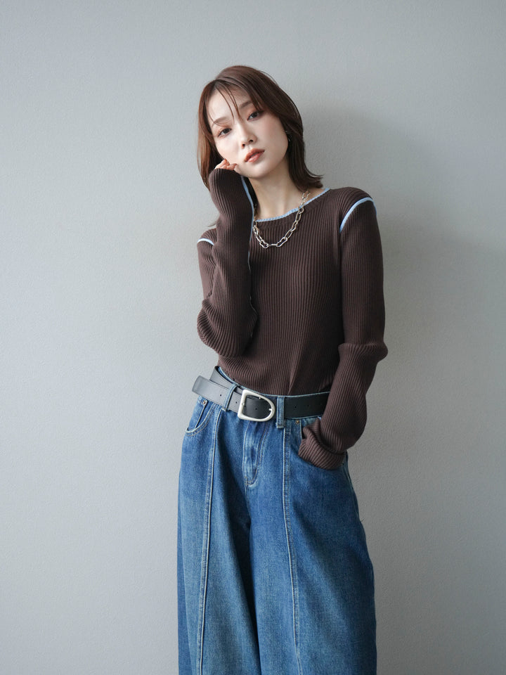 [予約]バイカラークルーネックリブニットトップス/brown
