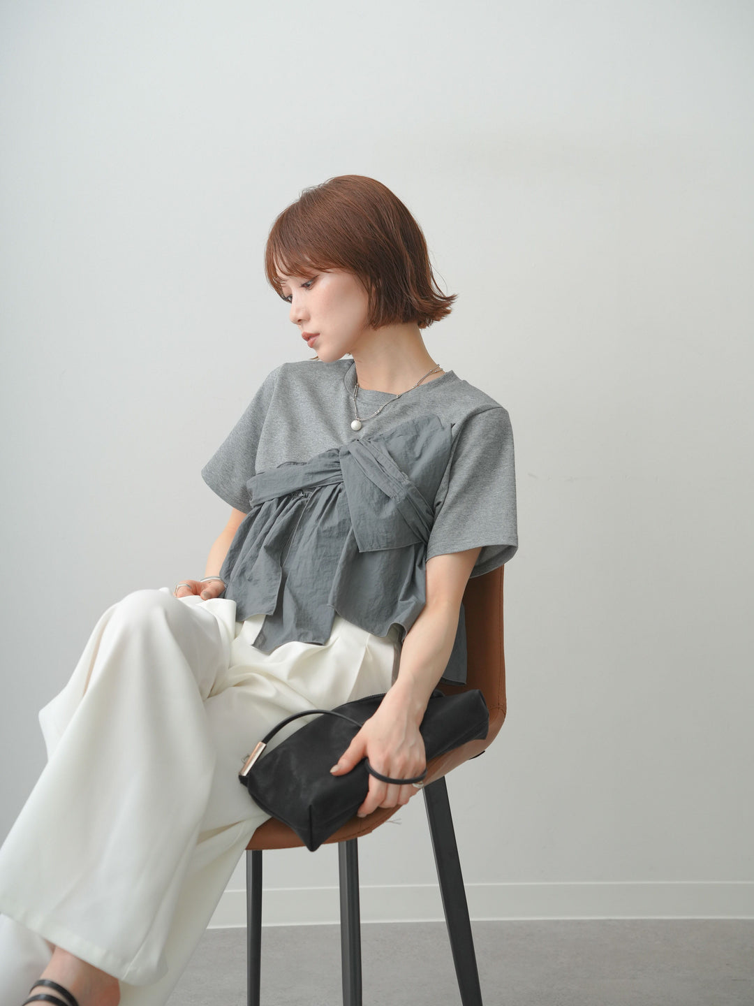 [SET]ナイロンドッキングツイストTEE +アシンメトリーベルトタックワイドパンツ(2set)