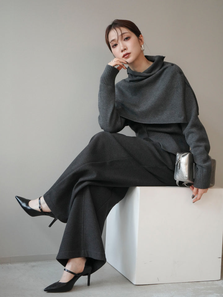 [予約]フロントスリットネックアンサンブルニット/charcoal