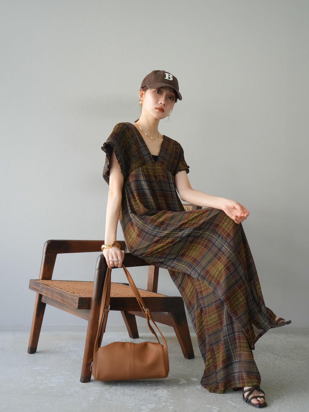 [予約]シアーチェックシャーリングサロペット/ブラウン