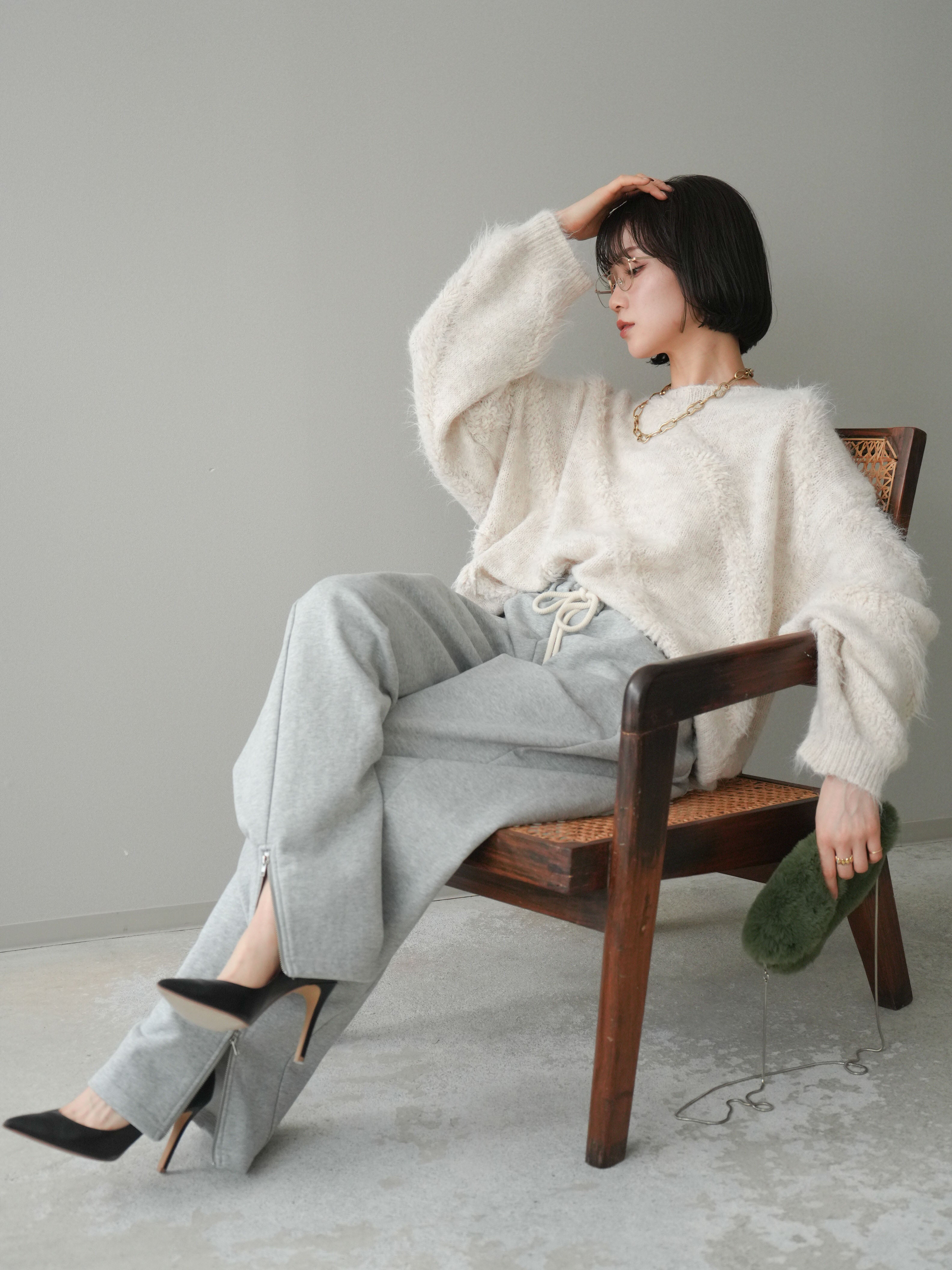 希少 美品 ワイズ 上質 ウール リブニット 変形 デザイン パンツ SET]シャギーデザインニットプルオーバー+裾ZIPスエットワイドパンツ