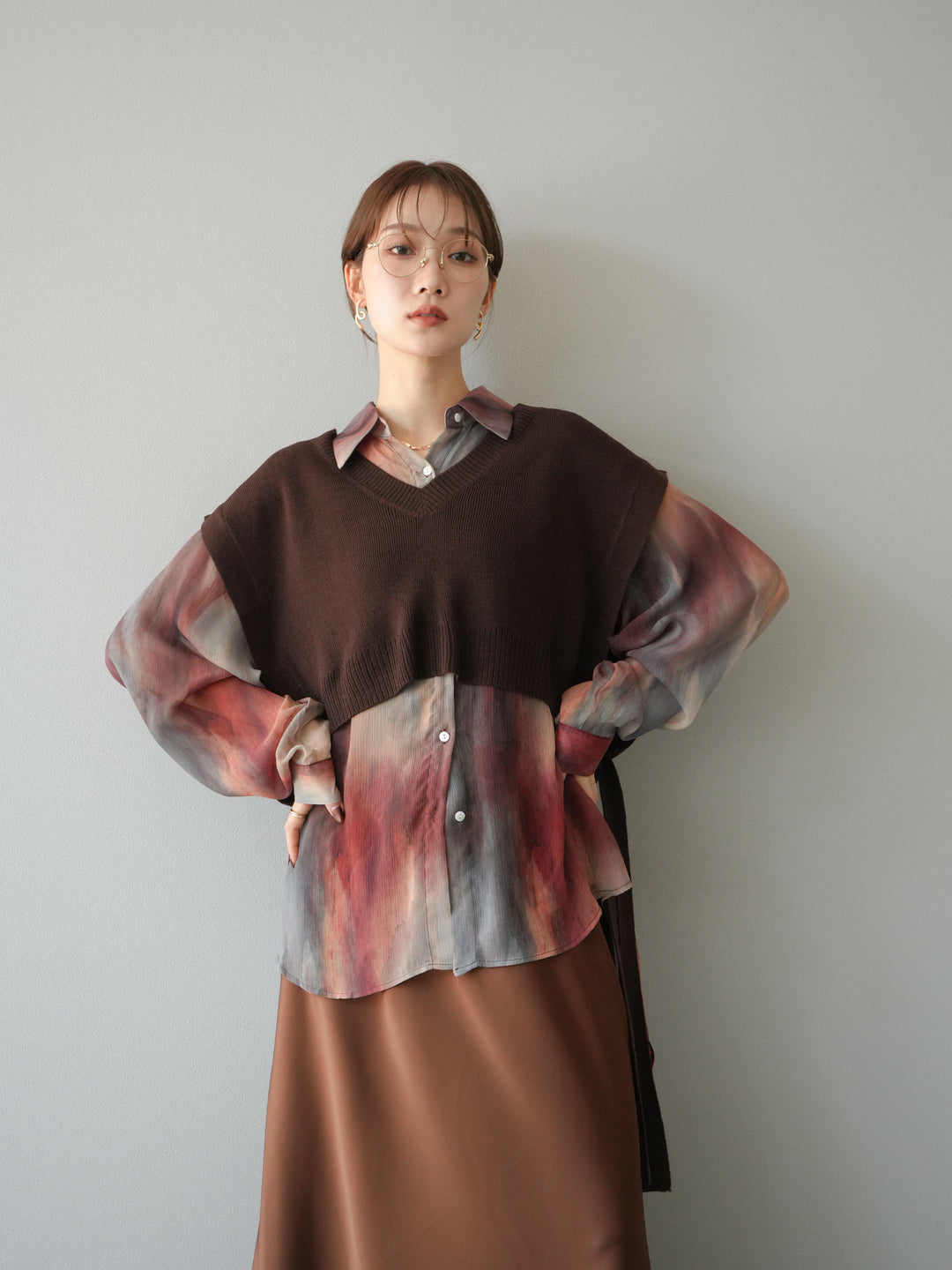 [予約]サイドリボンVネックショートニットベスト/ブラウン