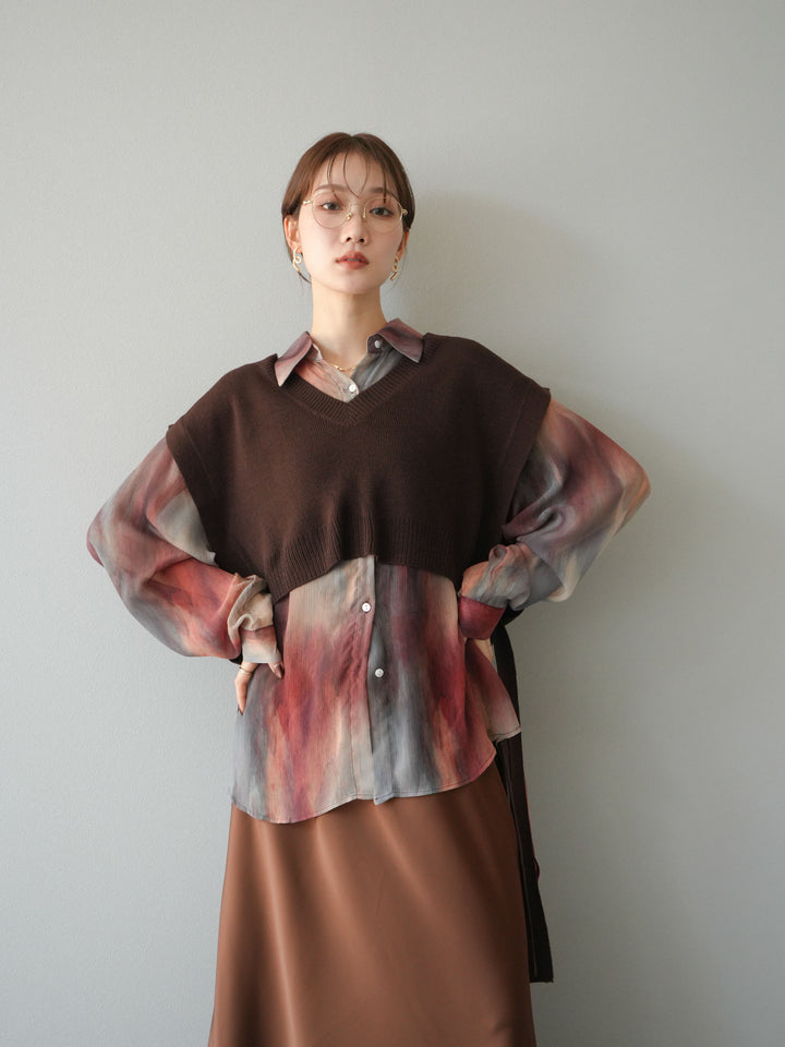 [予約]サイドリボンVネックショートニットベスト/ブラウン