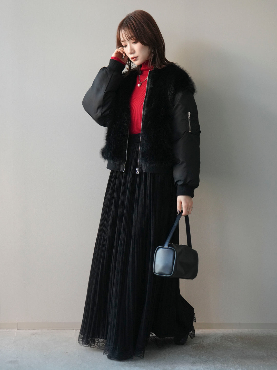 [SET]ファードッキングMA-1+袖ボタンボトルネックリブニットトップス+裾レーススウェードプリーツマキシスカート(3set)