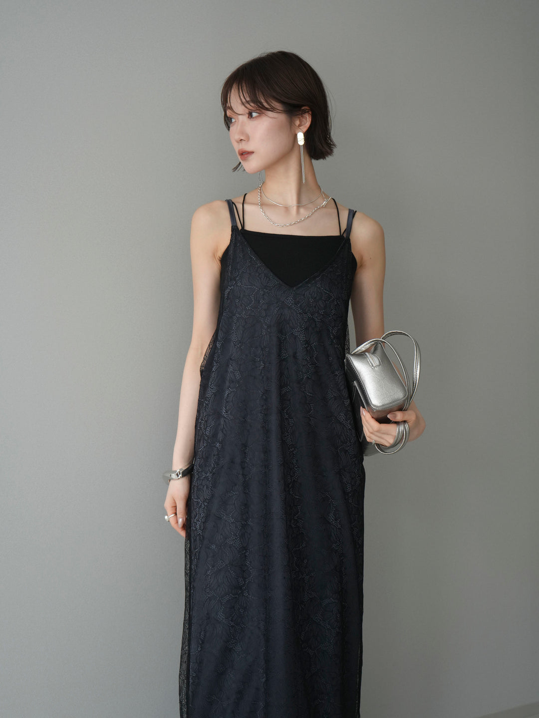 [予約]サテンレースレイヤードキャミワンピース/black