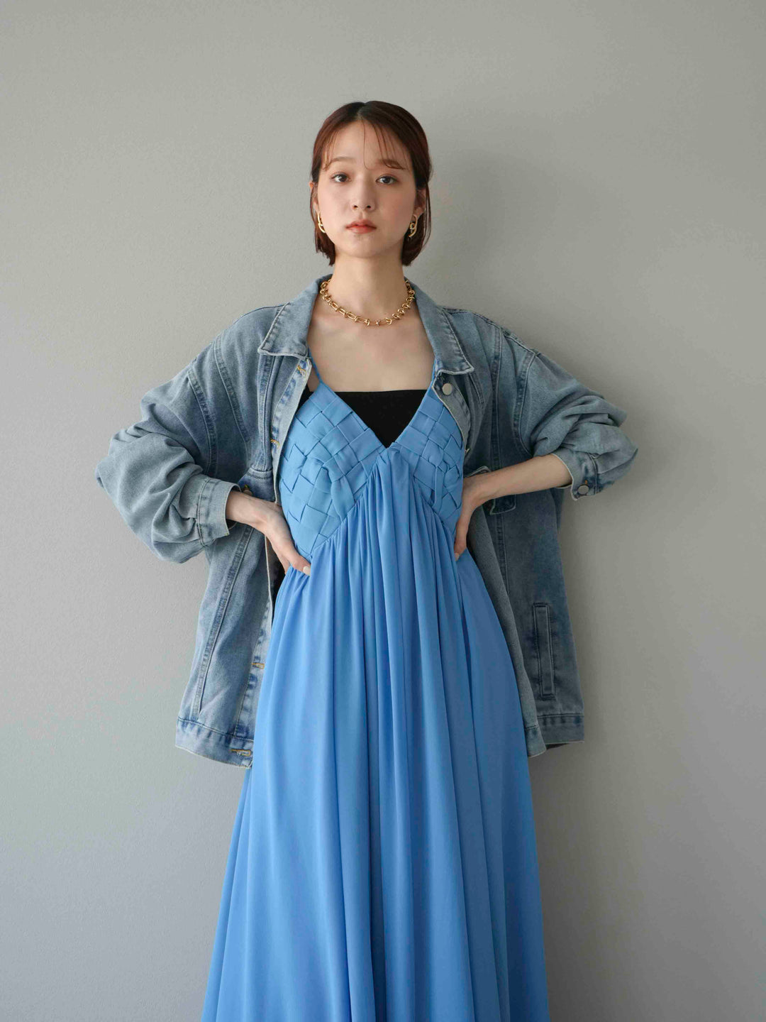 [予約]編み込みデザインシフォンワンピース/ブルー