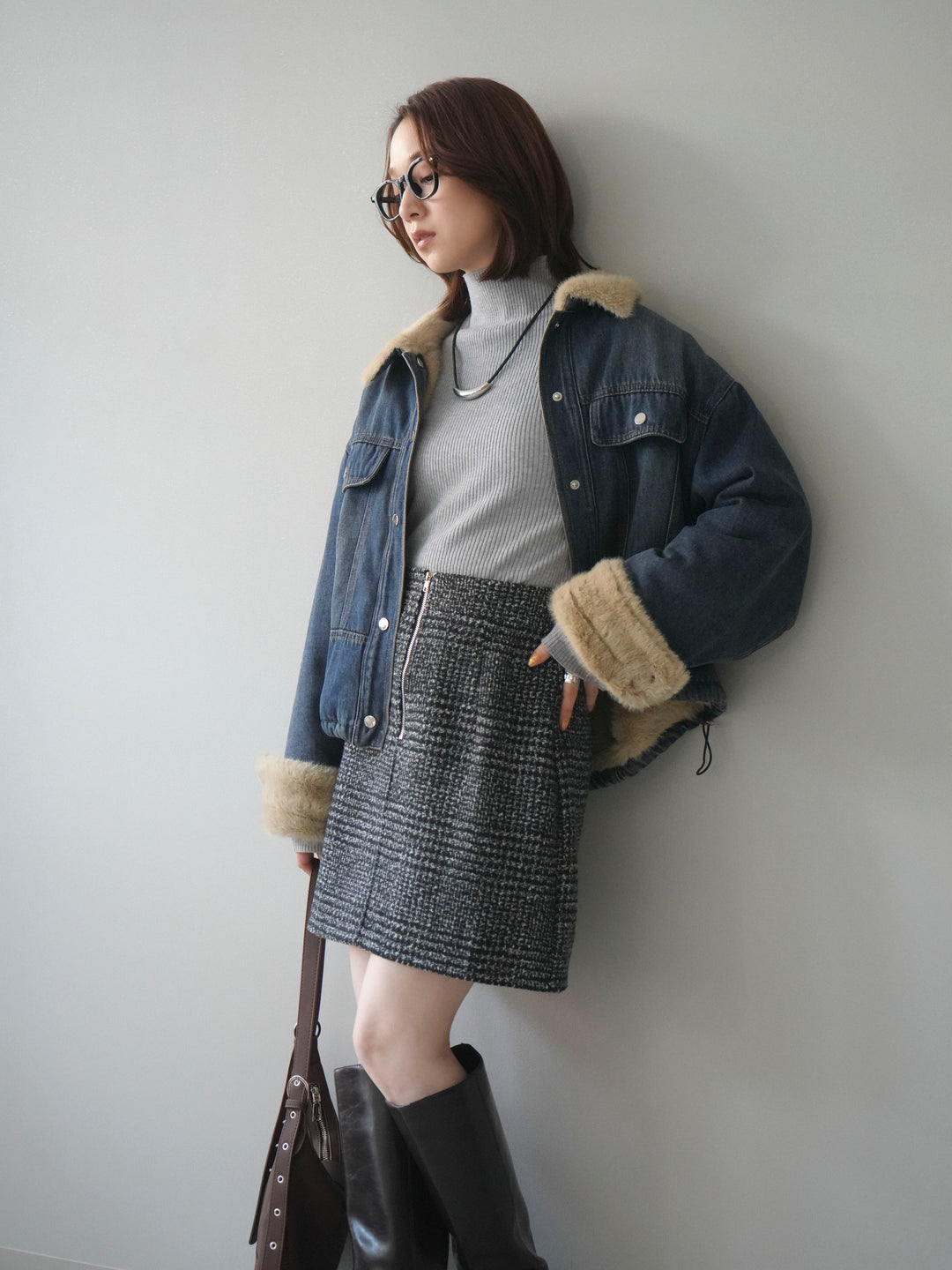 [予約]デニム×ファーステンカラーショートジャケット/blue