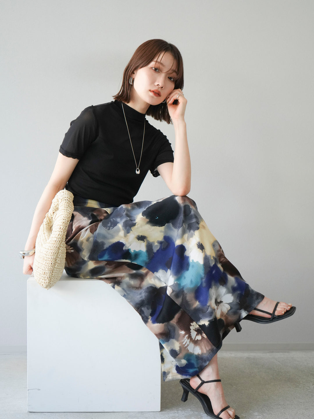 [SET] 透視半袖上衣 + 水彩印花褶襉I字裙 (2set)