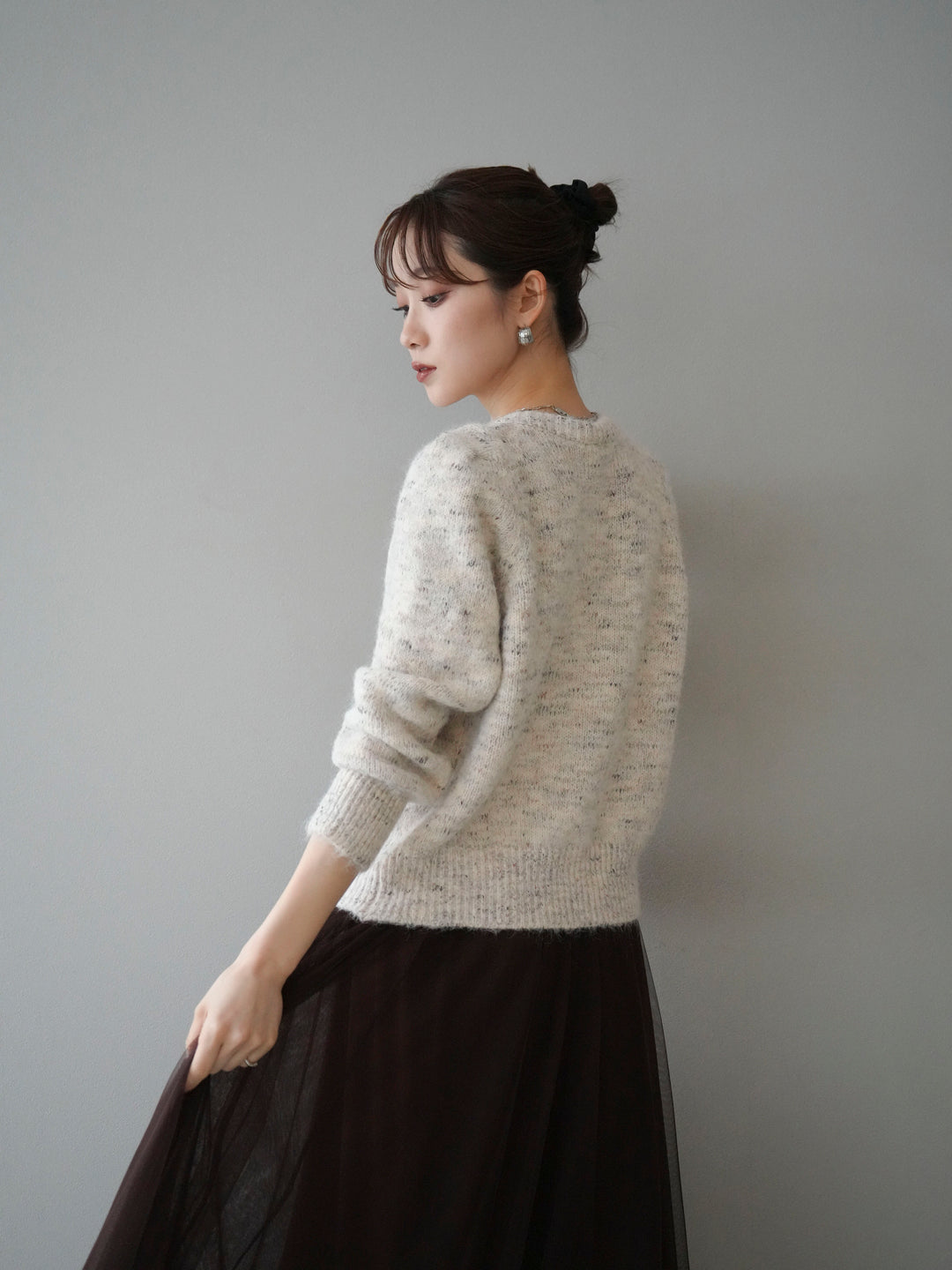 [予約]ブローチ付silverボタンミックスニットカーディガン/beige