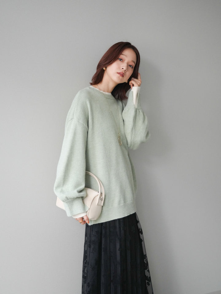 [SET]ヘンリーネック配色レイヤードニットプルオーバー+フラワーフロッキーチュールプリーツスカート(2set)