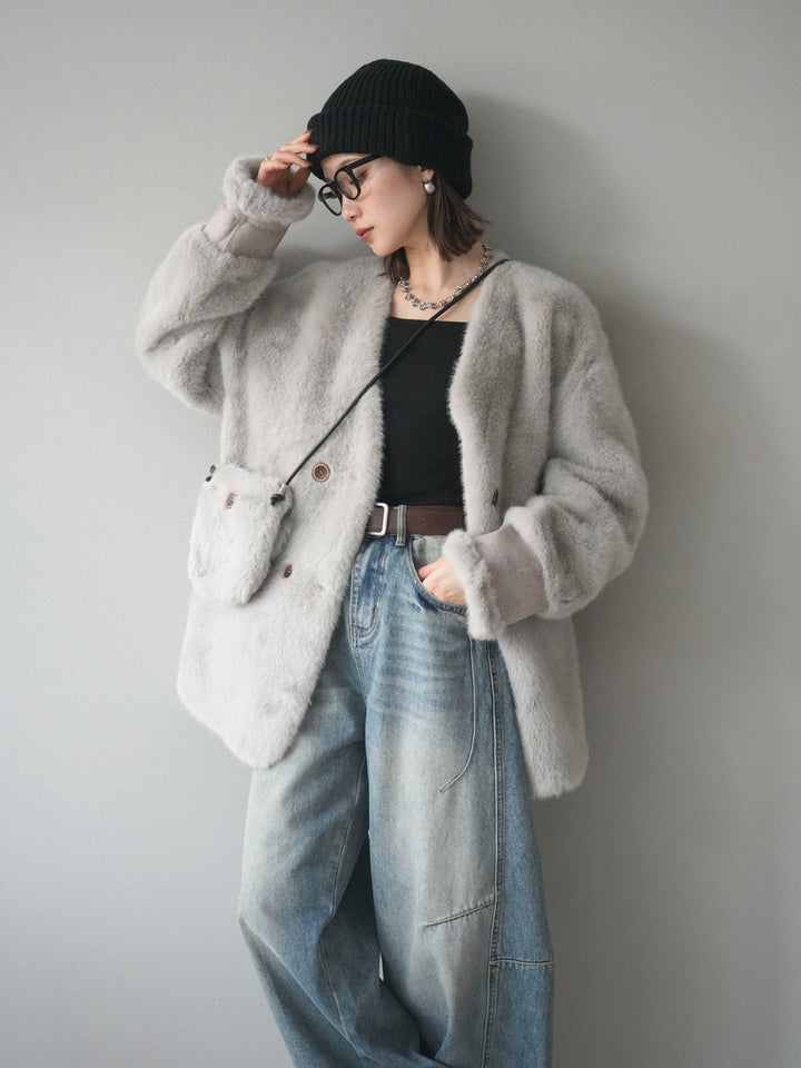 [SET]バッグ付エコファーノーカラーコート+ベルト付カーブデニムパンツ(2set)