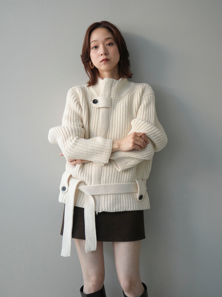 [予約]畦編みボトルネックZIPニットカーディガン/white