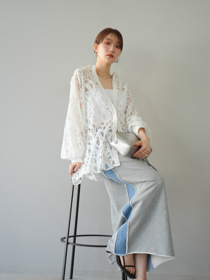 [SET]コードレースオーバーシャツ+デニムドッキングスウェットスカート(2set)