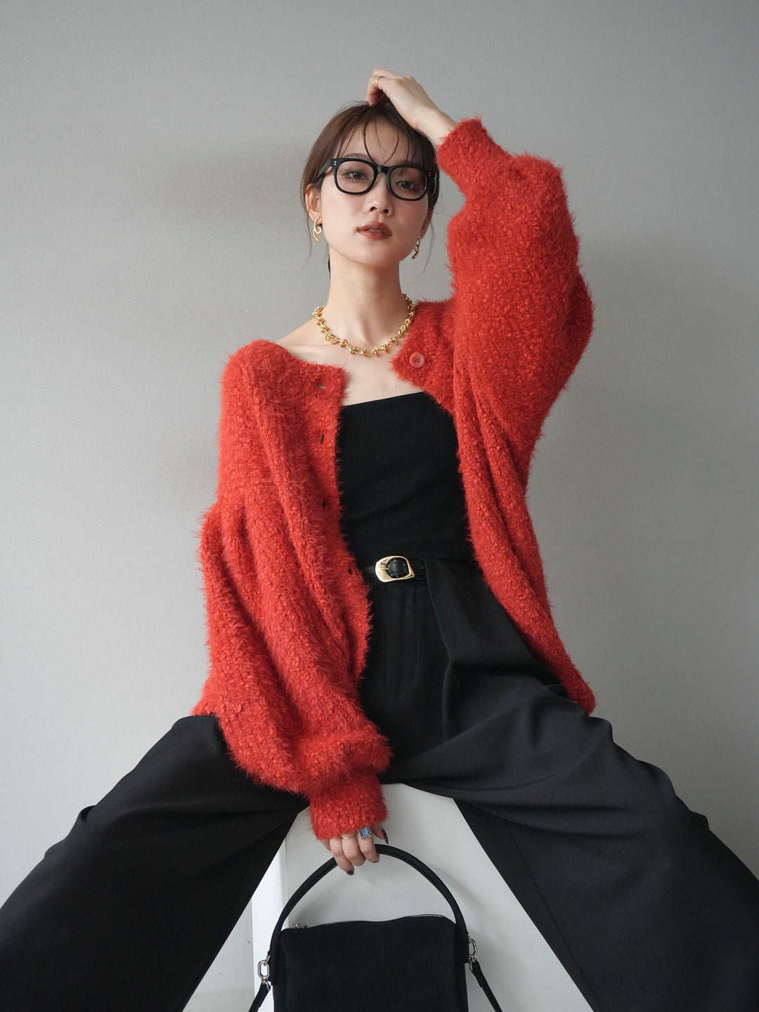 [SET]クルーネックランダムシャギーカーディガン+ベルトループデザインワイドパンツ(2set)