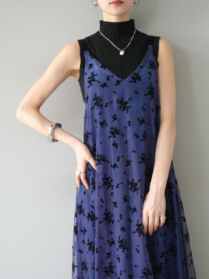 [SET]フロッキーチュールレイヤードベロアキャミワンピース+プチネックセンターシームノースリーニットトップス(2set)