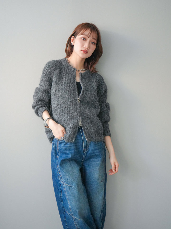 [予約]MIXヤーンモヘアタッチZIPニットカーディガン/gray