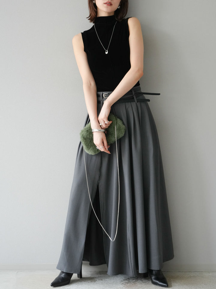 [SET]シアーベロアプチネックノースリーブトップス+エステルプリーツスリットスカート(2set)