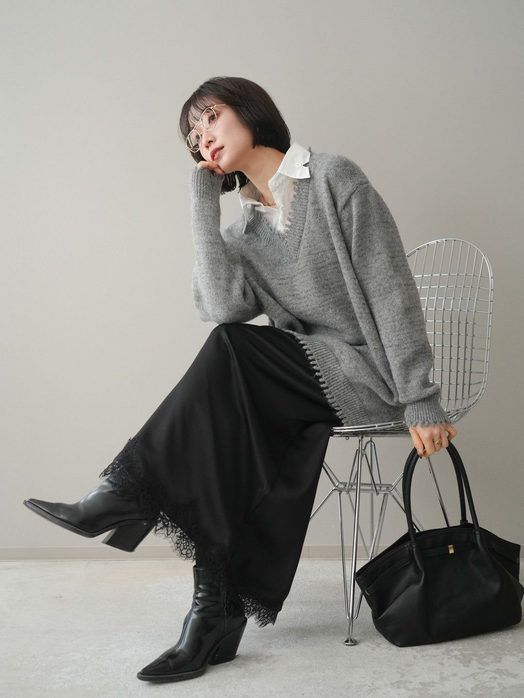 [予約]シャツドッキングVネックフリンジニットプルオーバー/gray