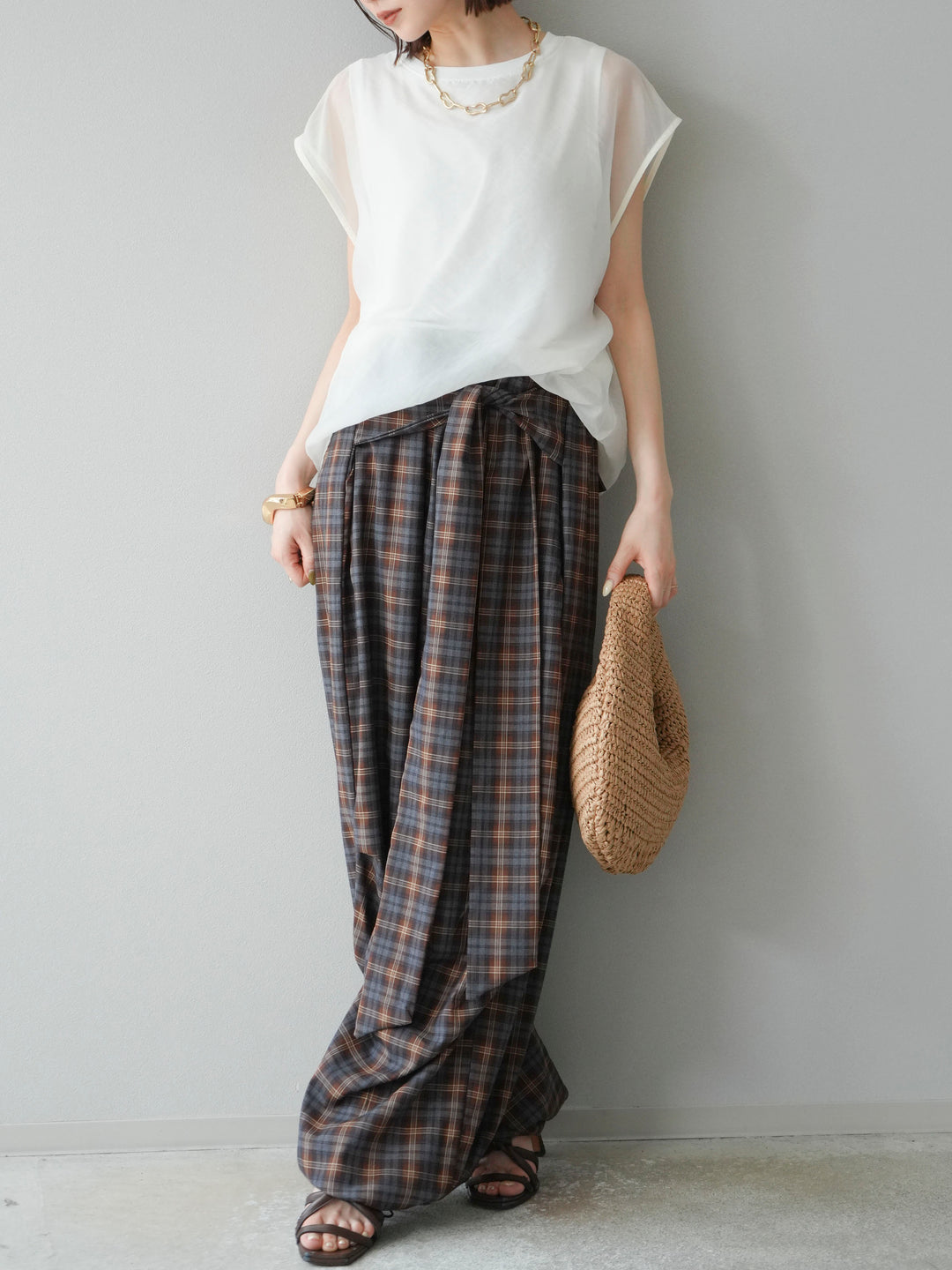 [予約]チェック柄ウエスト巻きドロストパンツ/ブラウン